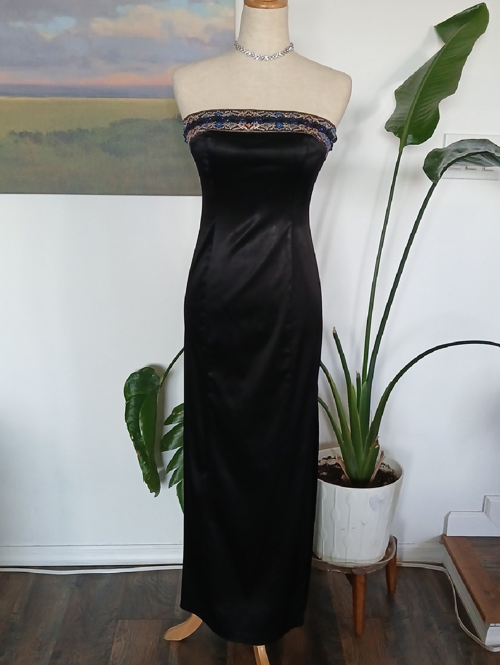 90s Y2K Zum Zum Strapless Black Satin Evening Gown with Embroidered Trim